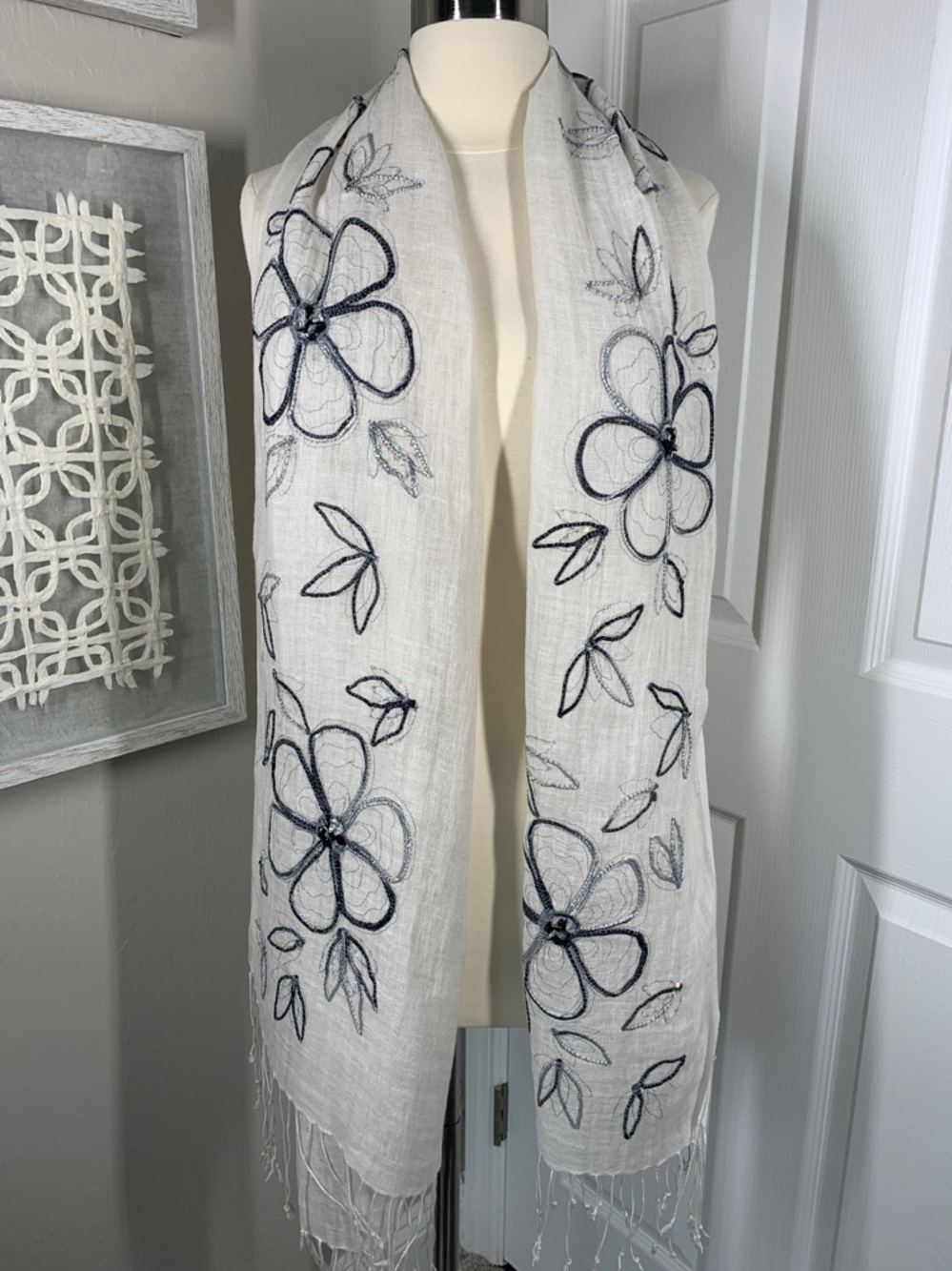 Linen embroidered and beaded scarf/ shawl